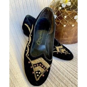 👠RARE 1940s VINTAGE OOMPHIES BLACK VELVET BEJEWELED SLIPPER SHOES | SIZE 6👠